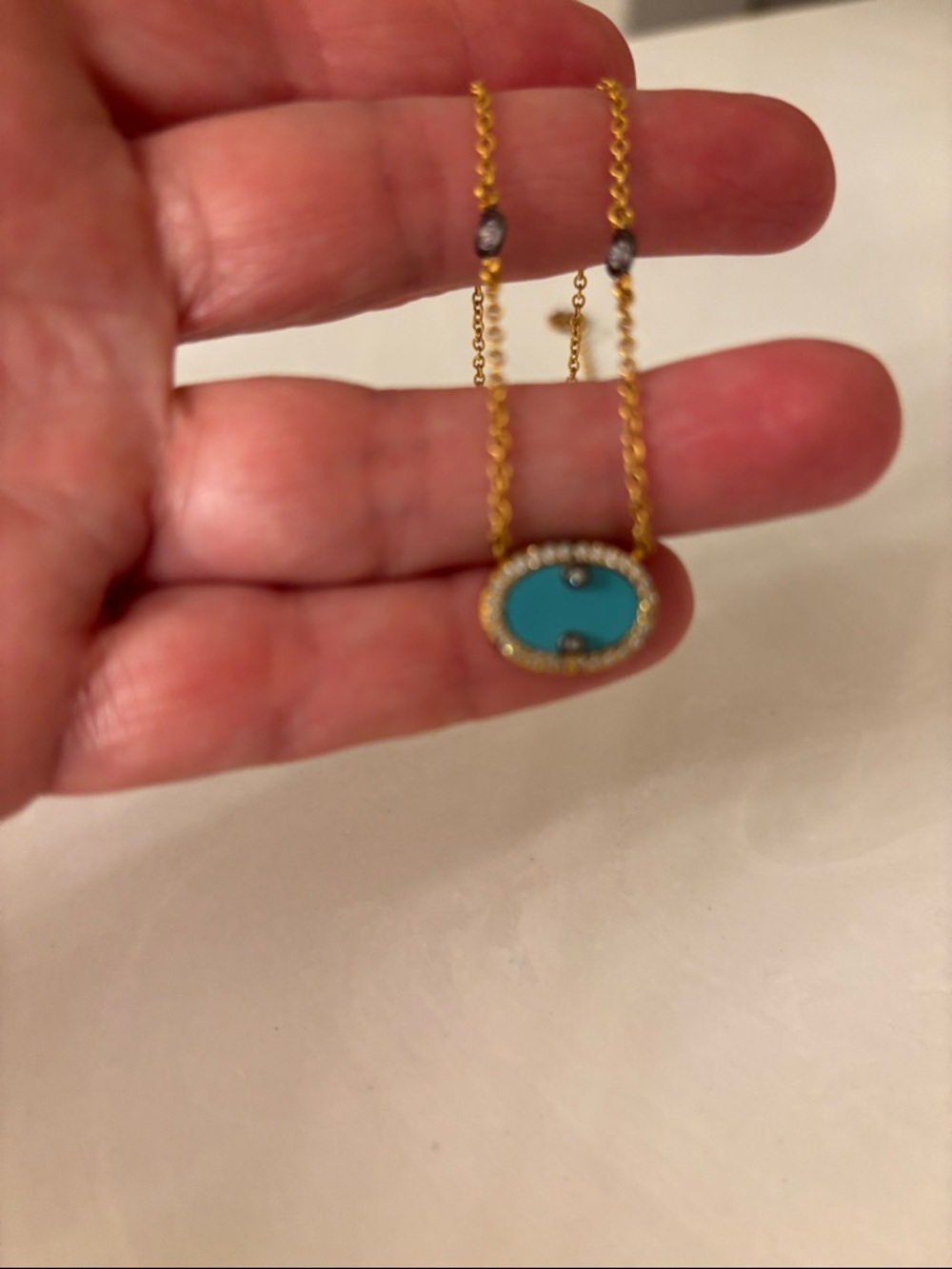 Gold-Tone Necklace with Turquoise Round Pendant - Picture 4 of 4